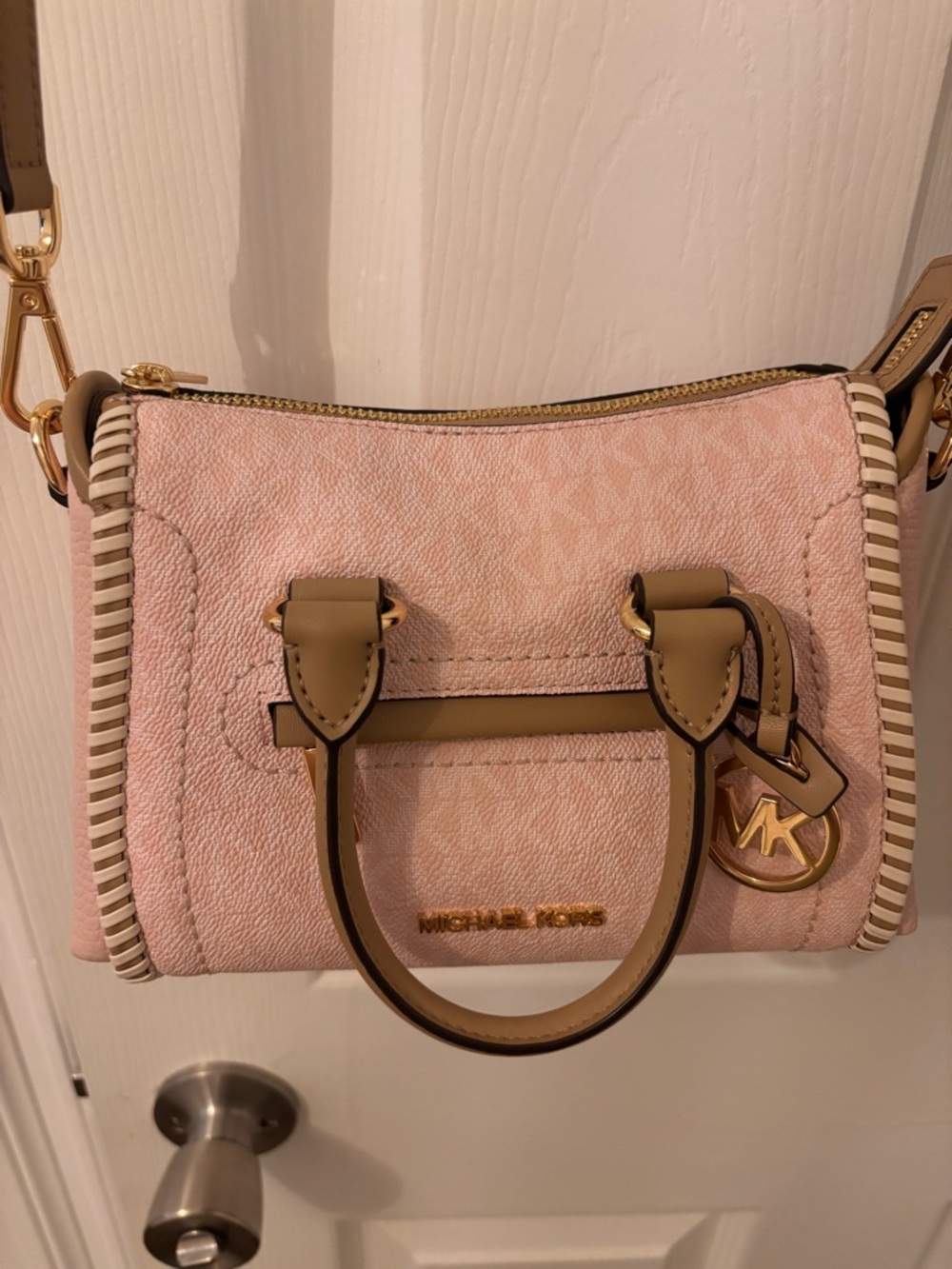 Michael Kors Blush Pink Leather Mini Satchel with Tan Trim